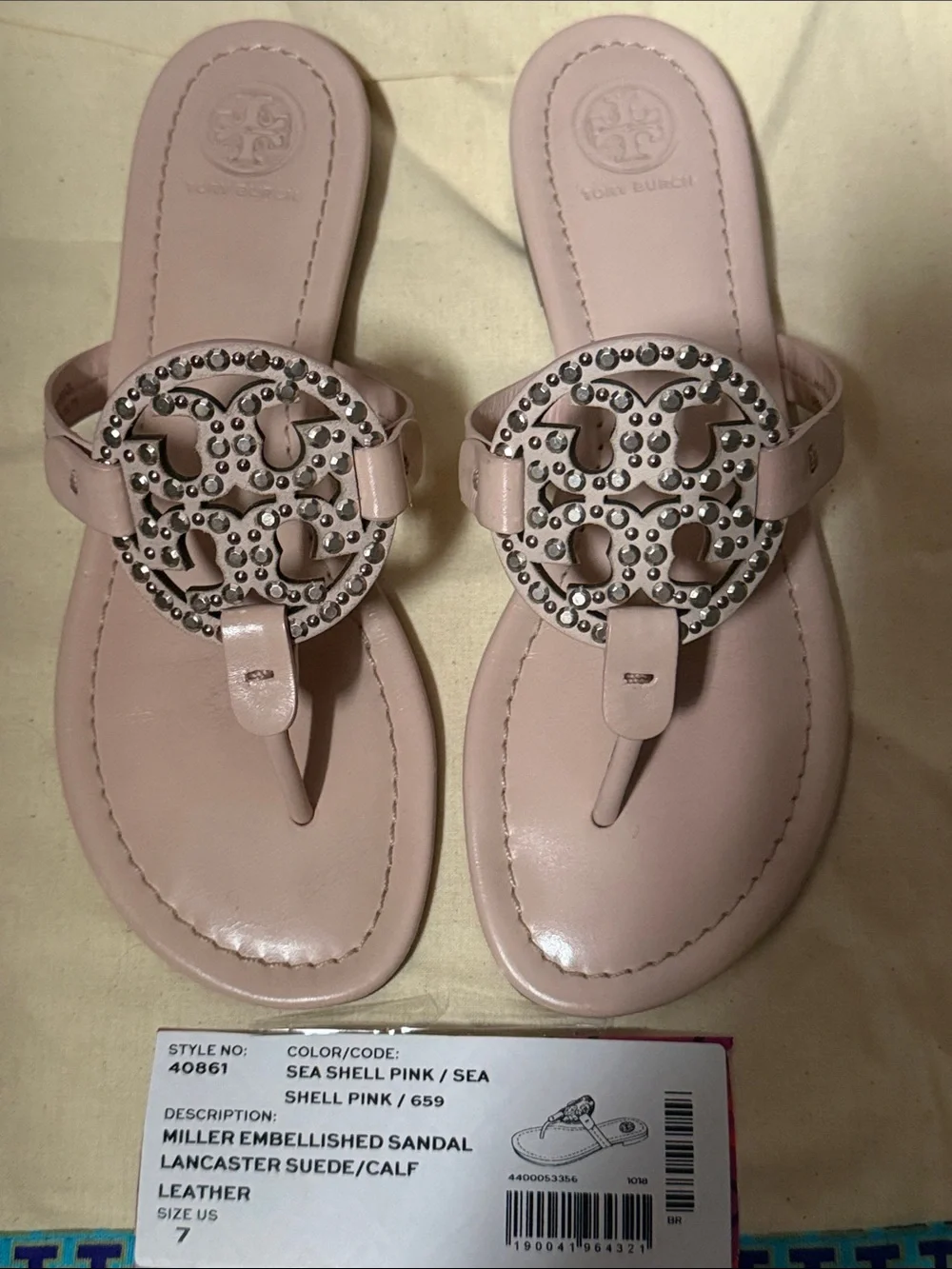 Tory Burch Shell Pink Miller Studded Leather Thong Sandal